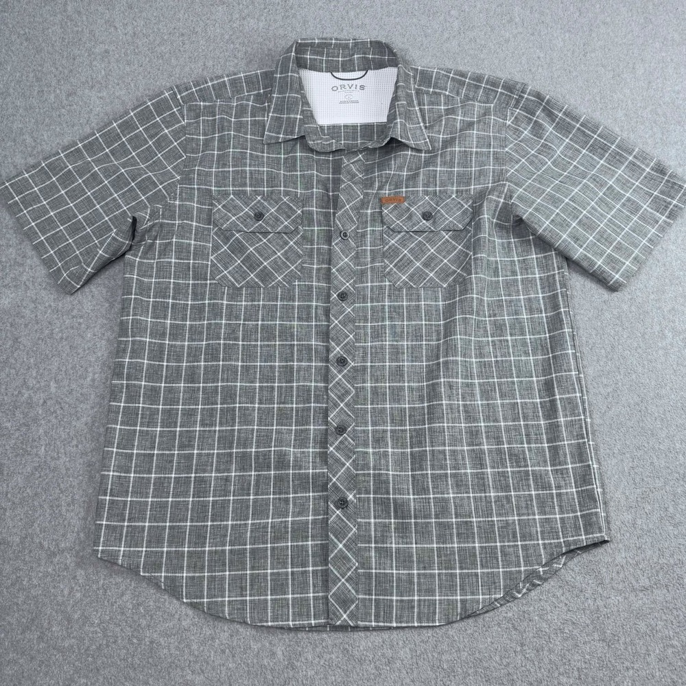 Orvis Outdoor Tech Hiking Shirt Short Sleeve Plaid Men's Size Large Outdoor Fish